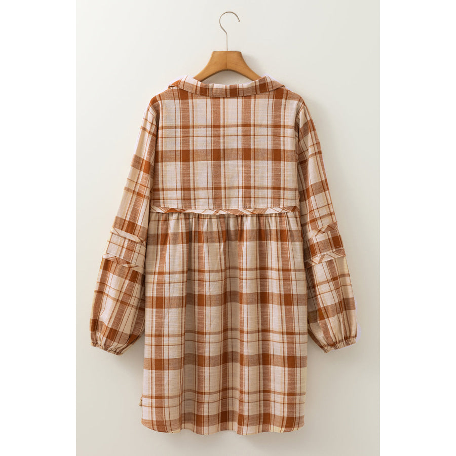 Brown Plaid Print Side Pockets Frilled Babydoll Mini Dress Dresses/Mini Dresses