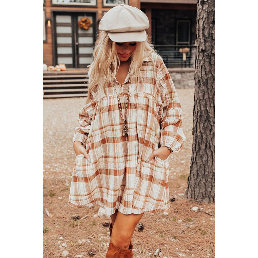 Brown Plaid Print Side Pockets Frilled Babydoll Mini Dress Dresses/Mini Dresses