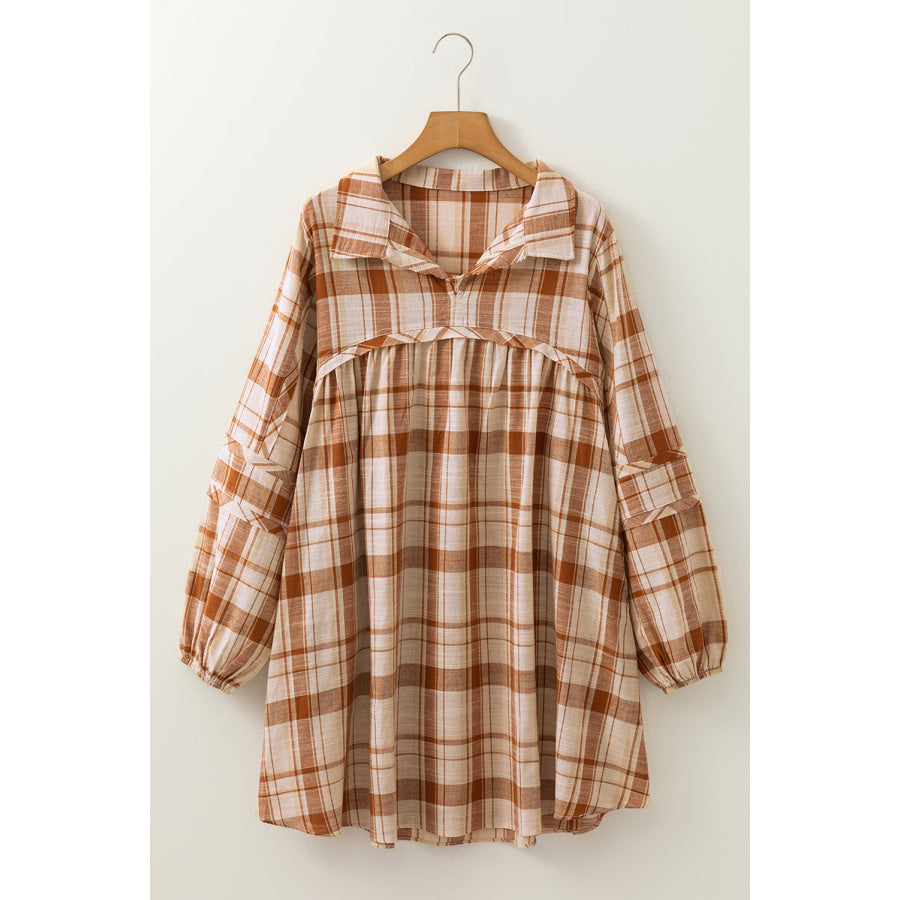 Brown Plaid Print Side Pockets Frilled Babydoll Mini Dress Dresses/Mini Dresses