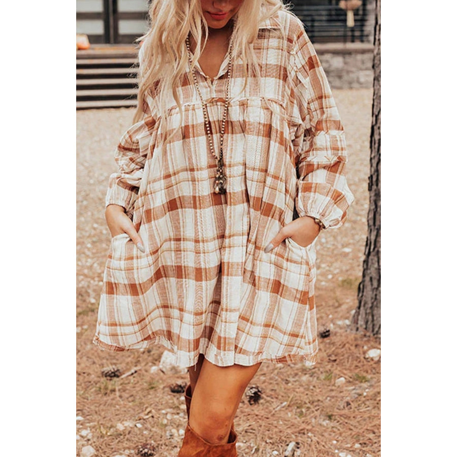 Brown Plaid Print Side Pockets Frilled Babydoll Mini Dress Brown / S / 100% Cotton Dresses/Mini Dresses