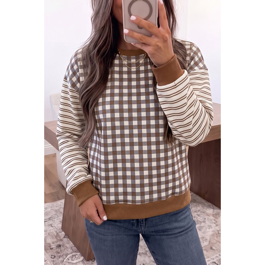 Brown Plaid Striped Patchwork Long Sleeve Casual Top / S Tops/Long Tops