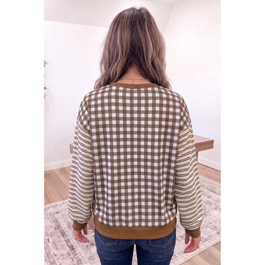Brown Plaid Striped Patchwork Long Sleeve Casual Top Tops/Long Tops