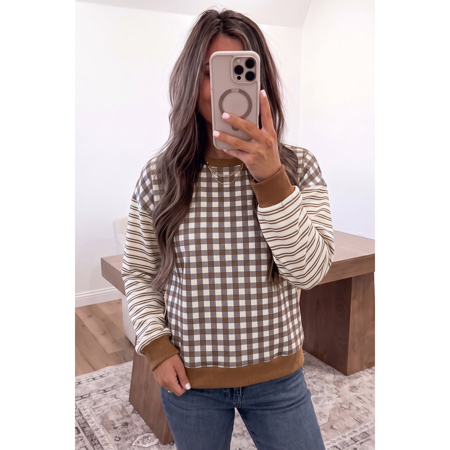 Brown Plaid Striped Patchwork Long Sleeve Casual Top Tops/Long Tops