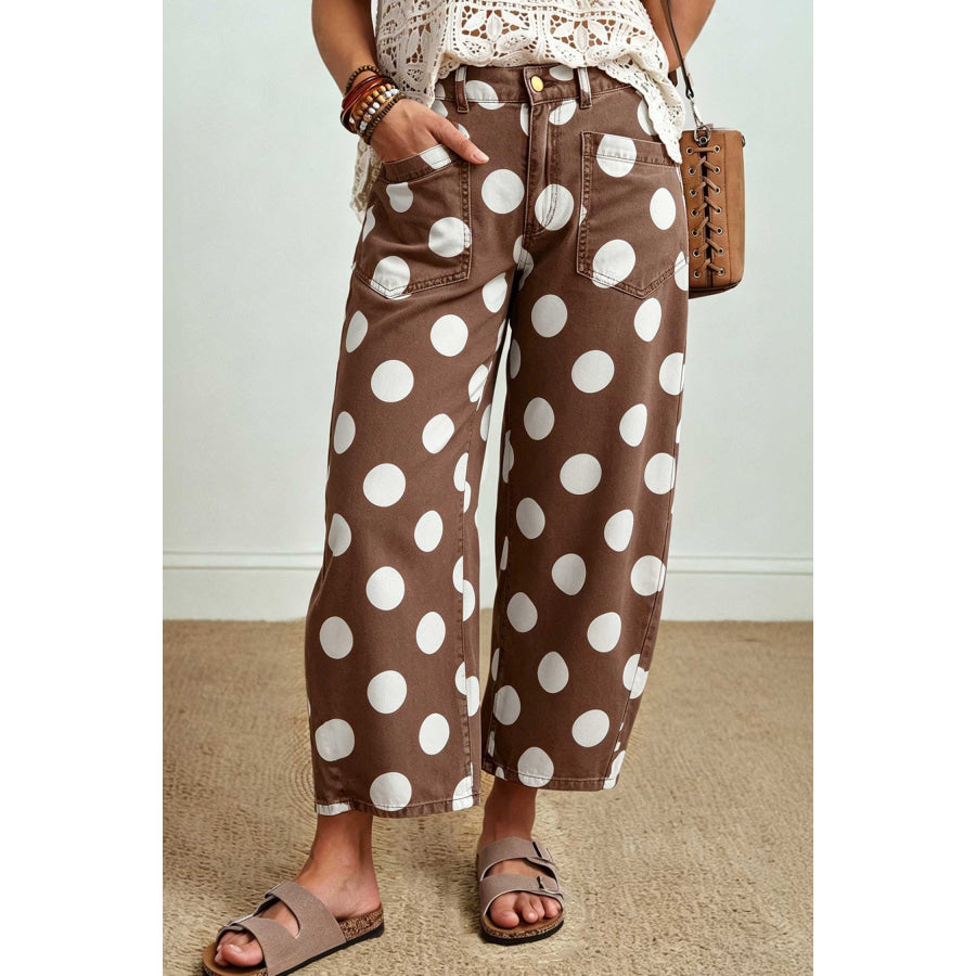 Brown Polka Dot Ankle-Length Barrel Jeans / 4 Bottoms/Jeans