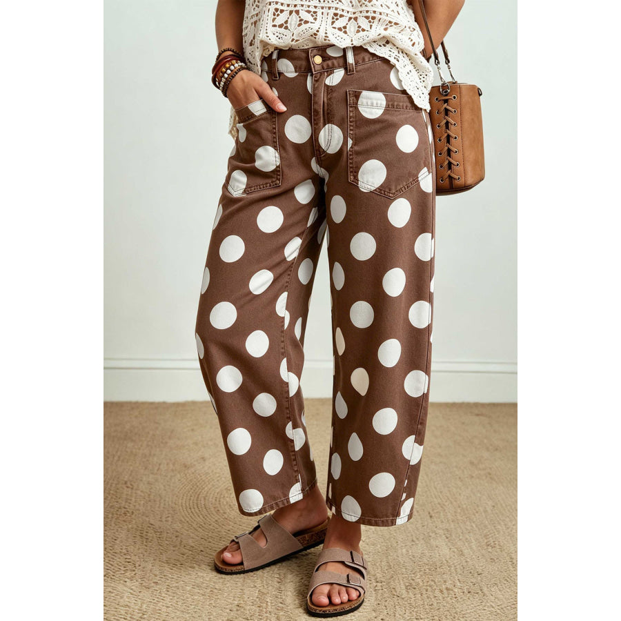 Brown Polka Dot Ankle-Length Barrel Jeans Bottoms/Jeans