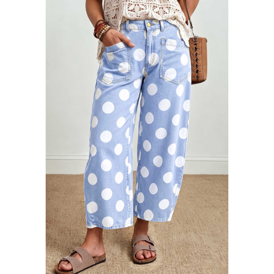 Brown Polka Dot Ankle-Length Barrel Jeans Sky Blue / 4 Bottoms/Jeans
