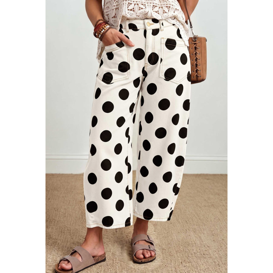Brown Polka Dot Ankle-Length Barrel Jeans White / 4 Bottoms/Jeans