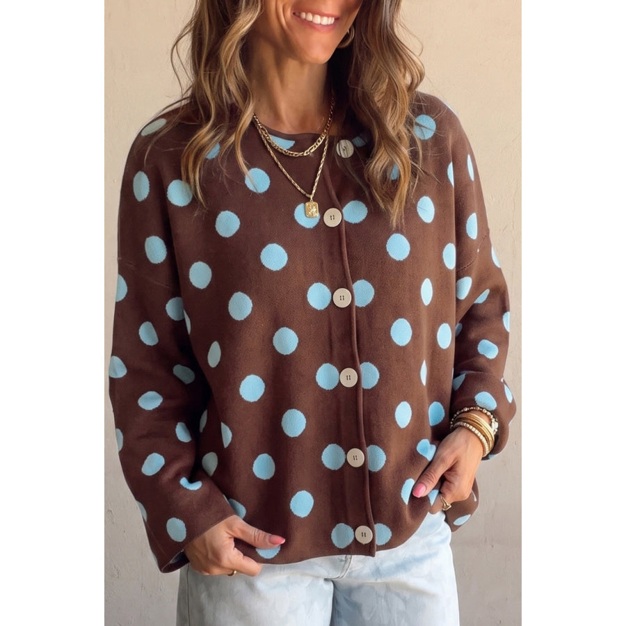 Brown Polka Dot Button Down Dropped Shoulder Shift Cardigan / S Sweaters & Cardigans/Cardigans