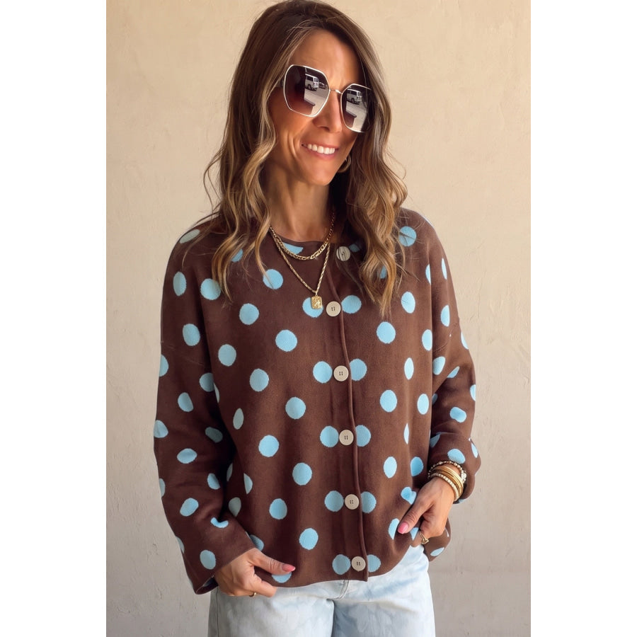 Brown Polka Dot Button Down Dropped Shoulder Shift Cardigan Sweaters & Cardigans/Cardigans