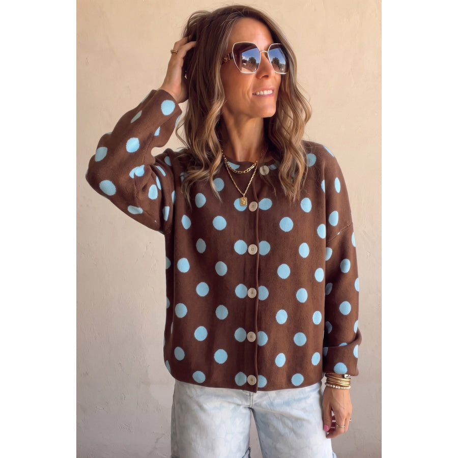 Brown Polka Dot Button Down Dropped Shoulder Shift Cardigan Sweaters & Cardigans/Cardigans