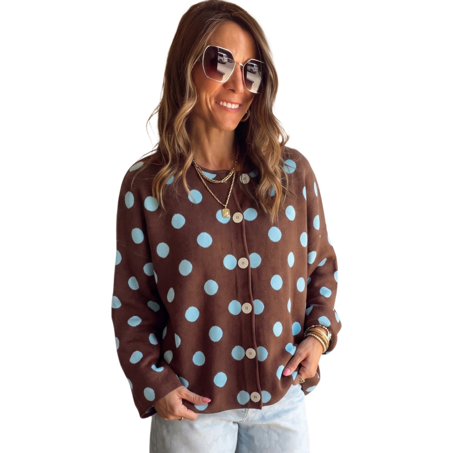 Brown Polka Dot Button Down Dropped Shoulder Shift Cardigan Sweaters & Cardigans/Cardigans