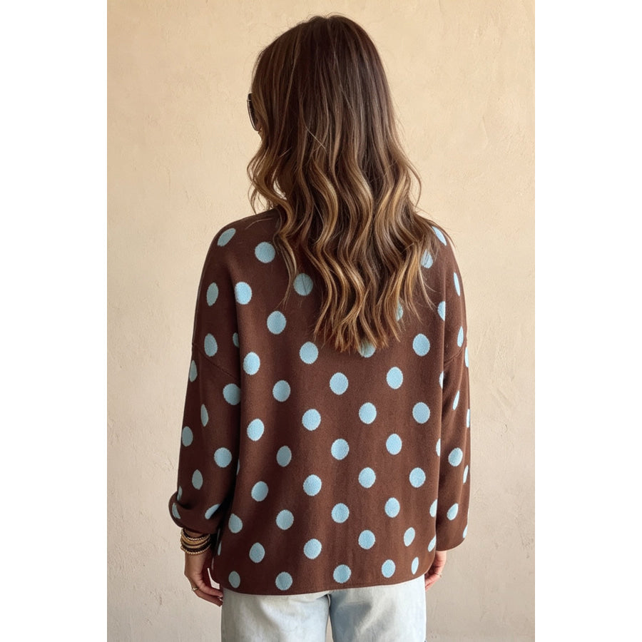 Brown Polka Dot Button Down Dropped Shoulder Shift Cardigan Sweaters & Cardigans/Cardigans