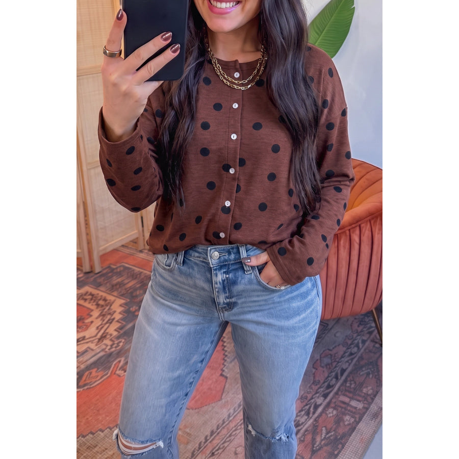 Brown Polka Dot Button Front Long Sleeve Casual Shirt Tops/Blouses & Shirts