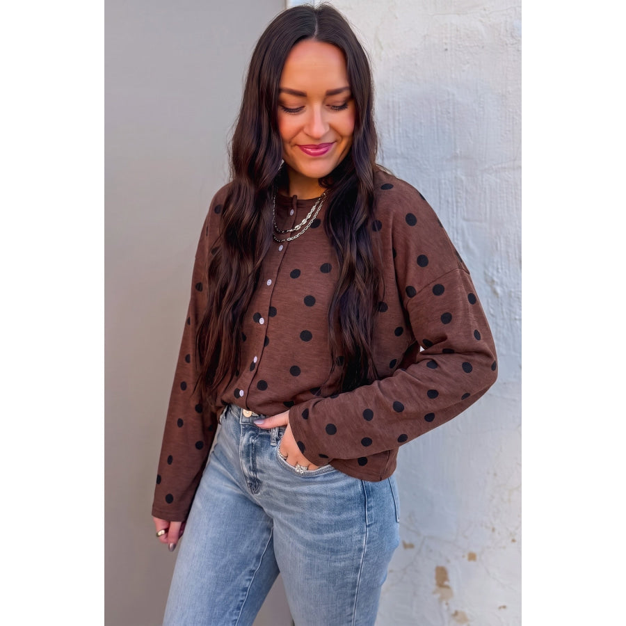 Brown Polka Dot Button Front Long Sleeve Casual Shirt Tops/Blouses & Shirts