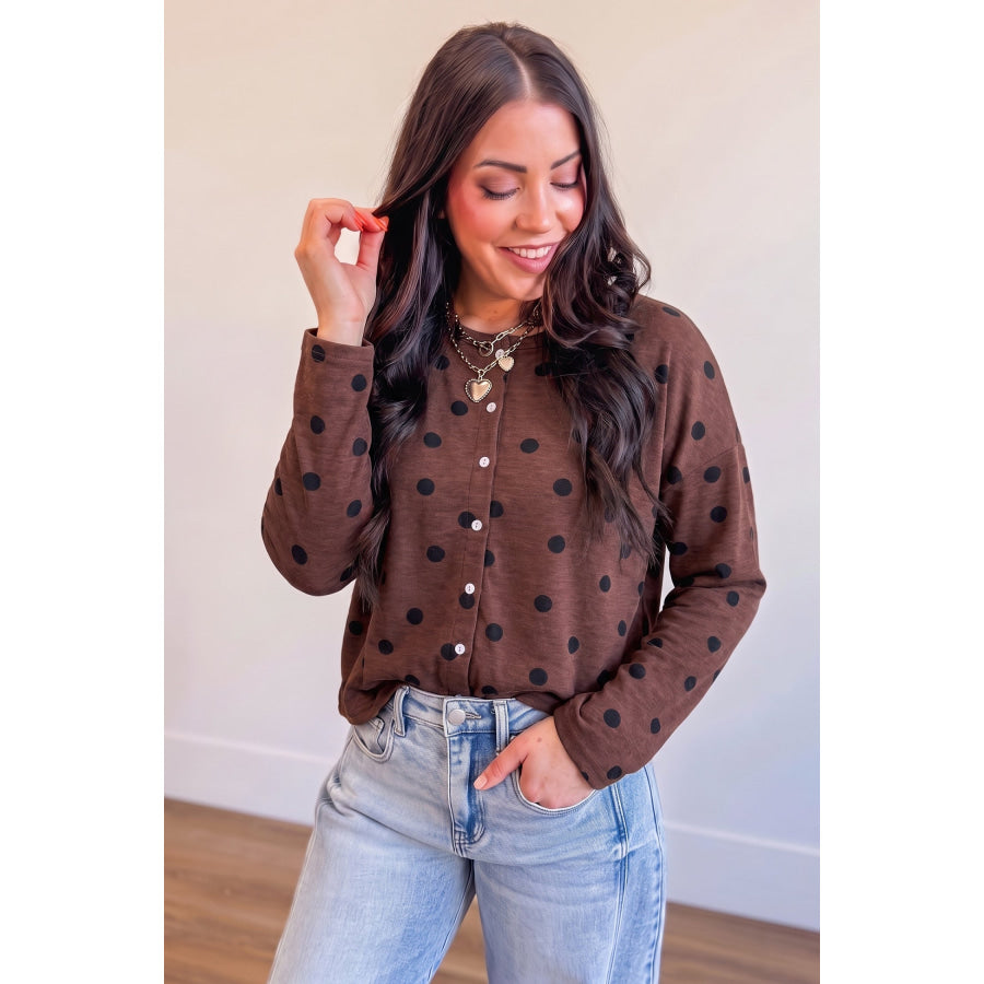 Brown Polka Dot Button Front Long Sleeve Casual Shirt Tops/Blouses & Shirts