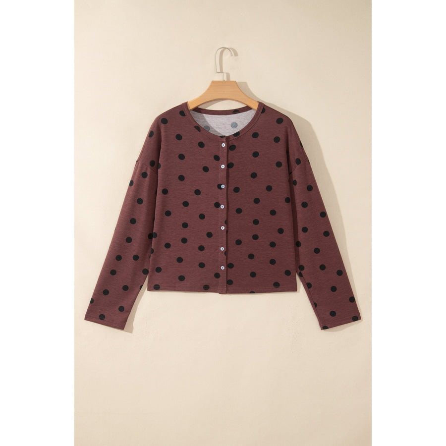 Brown Polka Dot Button Front Long Sleeve Casual Shirt Tops/Blouses & Shirts