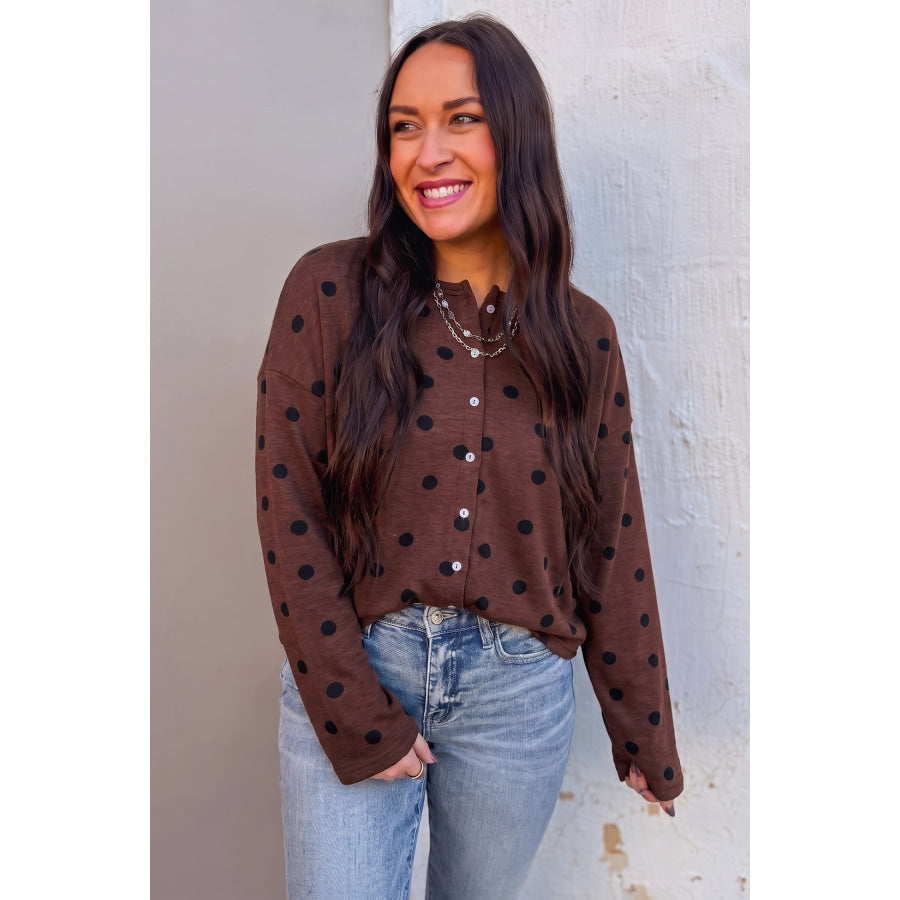 Brown Polka Dot Button Front Long Sleeve Casual Shirt Tops/Blouses & Shirts