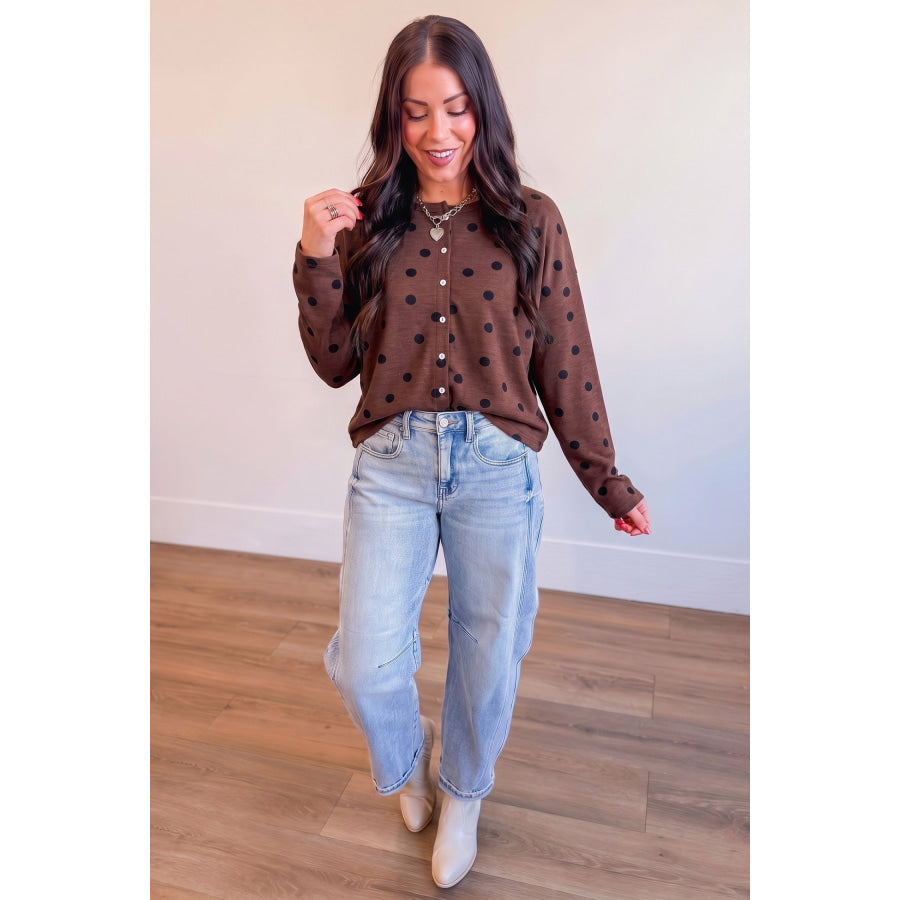 Brown Polka Dot Button Front Long Sleeve Casual Shirt Tops/Blouses & Shirts