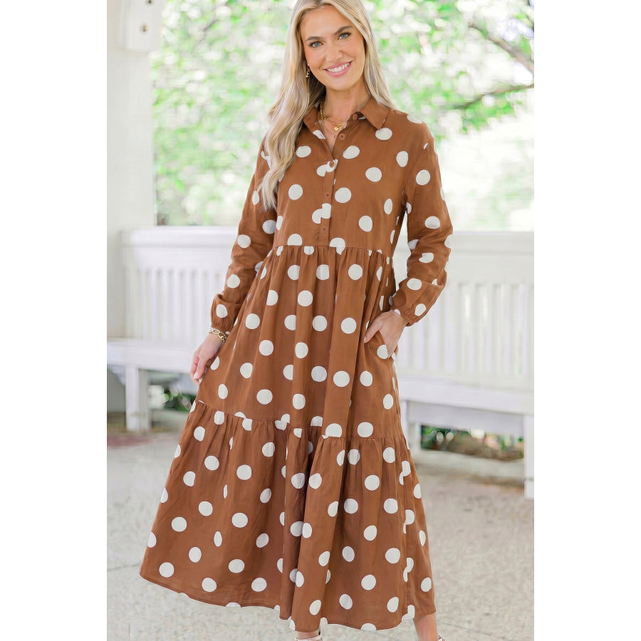 Brown Polka Dot Button Front Long Sleeve Shift Dress Dresses/Midi Dresses