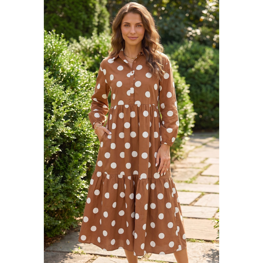 Brown Polka Dot Button Front Long Sleeve Shift Dress Dresses/Midi Dresses