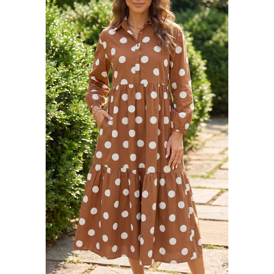 Brown Polka Dot Button Front Long Sleeve Shift Dress Brown / S Dresses/Midi Dresses