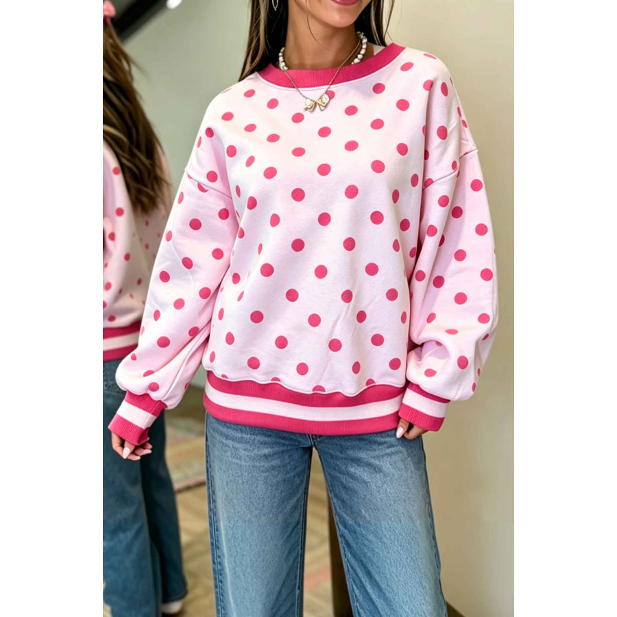 Brown Polka Dot Colorblock Round Neck Pullover Sweatshirt Pink / S Tops/Sweatshirts & Hoodies