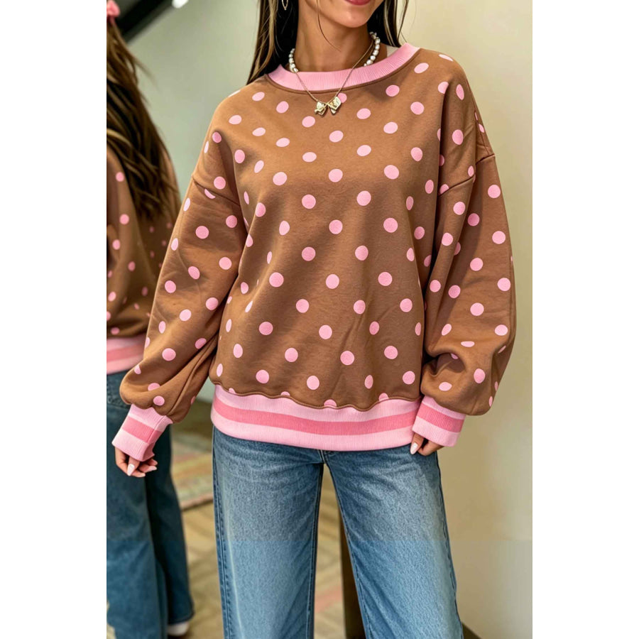Brown Polka Dot Colorblock Round Neck Pullover Sweatshirt / S Tops/Sweatshirts & Hoodies