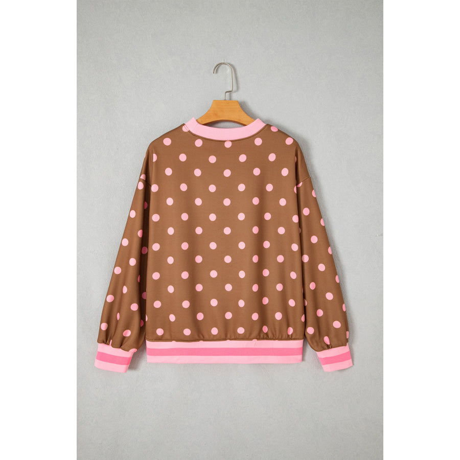 Brown Polka Dot Colorblock Round Neck Pullover Sweatshirt Tops/Sweatshirts & Hoodies