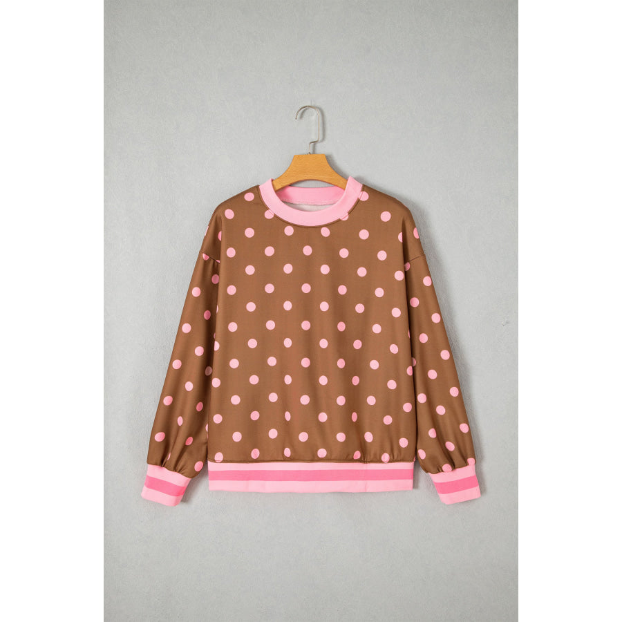 Brown Polka Dot Colorblock Round Neck Pullover Sweatshirt / S Tops/Sweatshirts & Hoodies