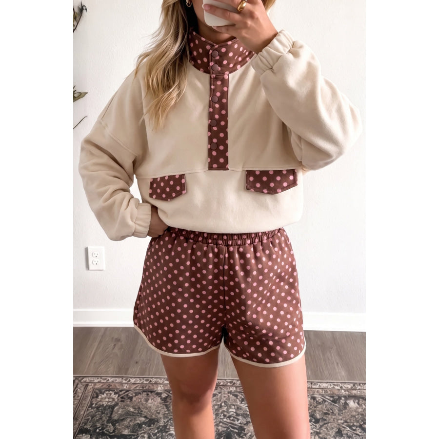 Brown Polka Dot Contrast Baggy Pullover and Elastic Waist Shorts 2pcs Set / S Two Piece Sets/Short Sets