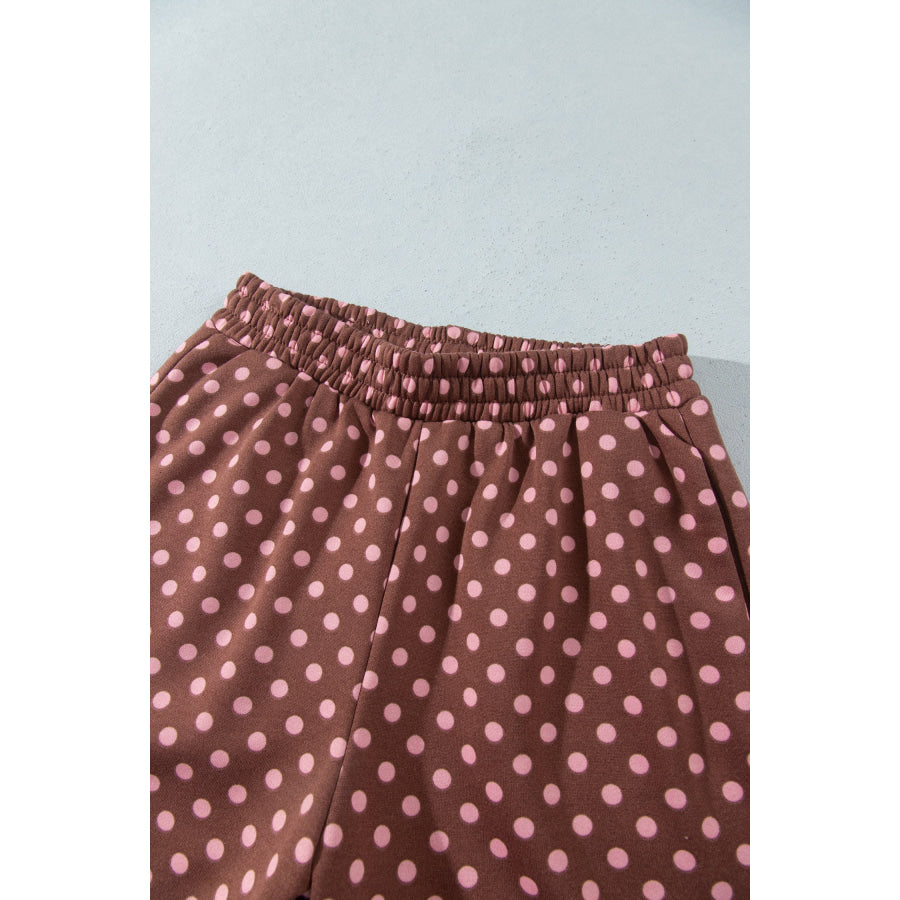 Brown Polka Dot Contrast Baggy Pullover and Elastic Waist Shorts 2pcs Set Two Piece Sets/Short Sets