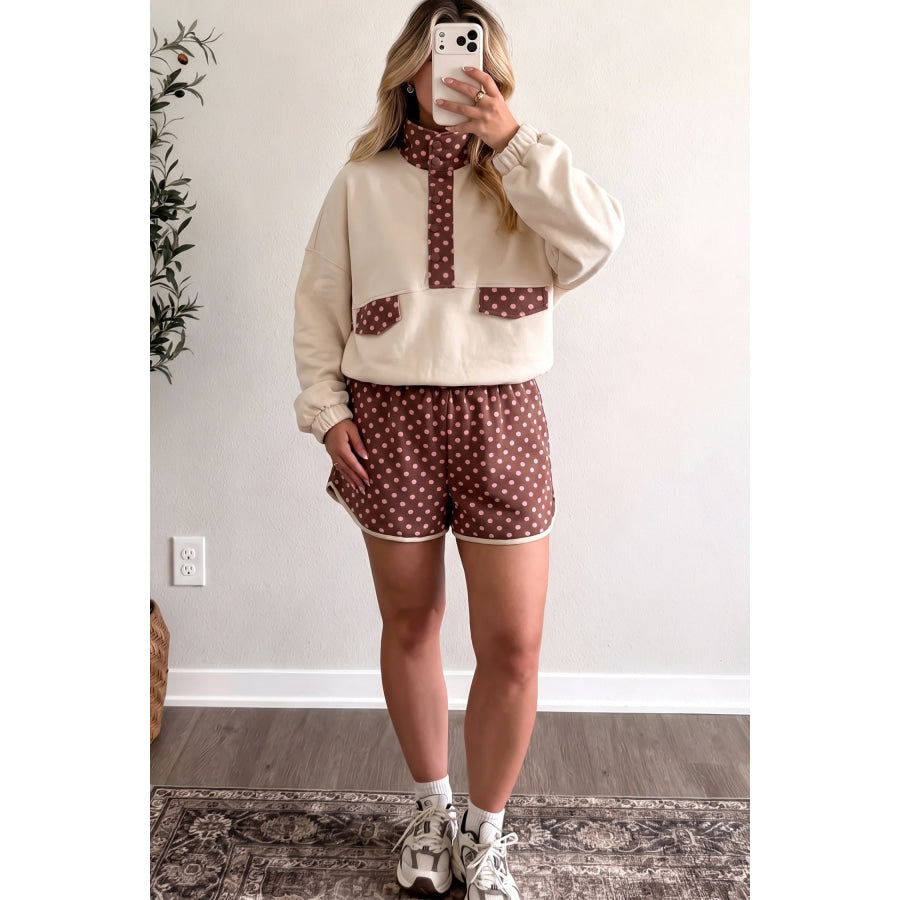 Brown Polka Dot Contrast Baggy Pullover and Elastic Waist Shorts 2pcs Set / S Two Piece Sets/Short Sets