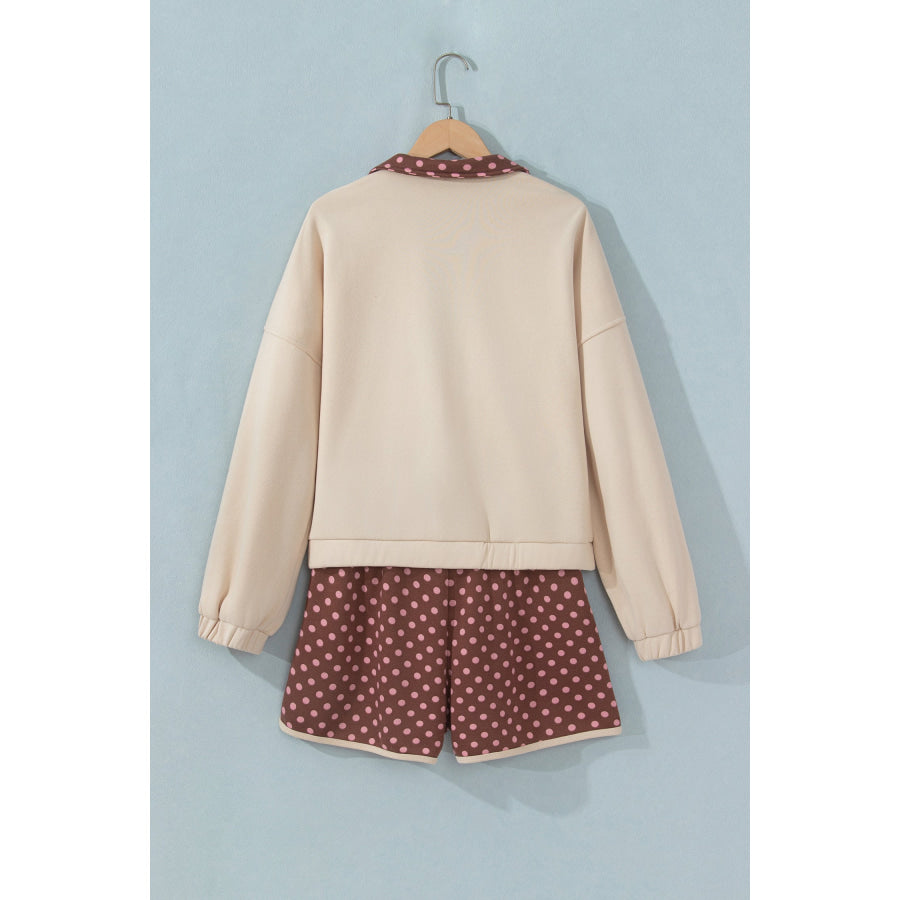 Brown Polka Dot Contrast Baggy Pullover and Elastic Waist Shorts 2pcs Set Two Piece Sets/Short Sets
