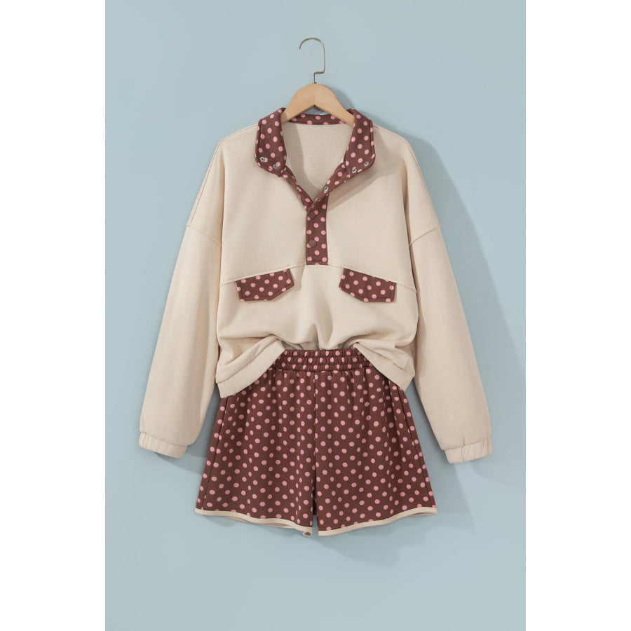 Brown Polka Dot Contrast Baggy Pullover and Elastic Waist Shorts 2pcs Set Two Piece Sets/Short Sets