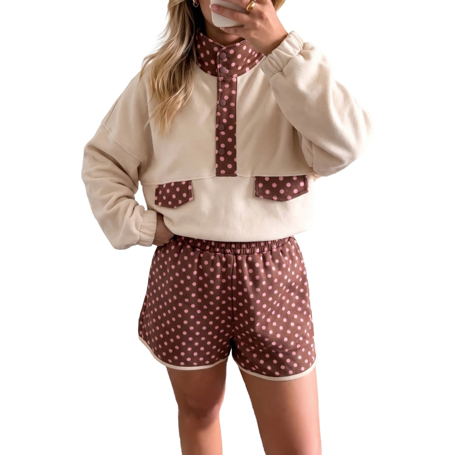 Brown Polka Dot Contrast Baggy Pullover and Elastic Waist Shorts 2pcs Set Two Piece Sets/Short Sets