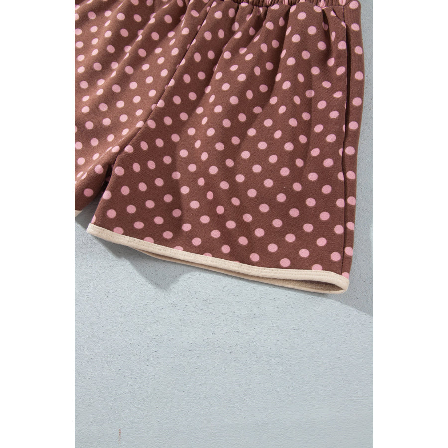 Brown Polka Dot Contrast Baggy Pullover and Elastic Waist Shorts 2pcs Set Two Piece Sets/Short Sets