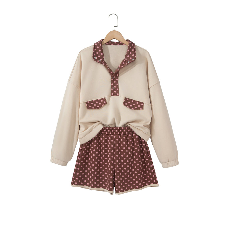 Brown Polka Dot Contrast Baggy Pullover and Elastic Waist Shorts 2pcs Set Two Piece Sets/Short Sets