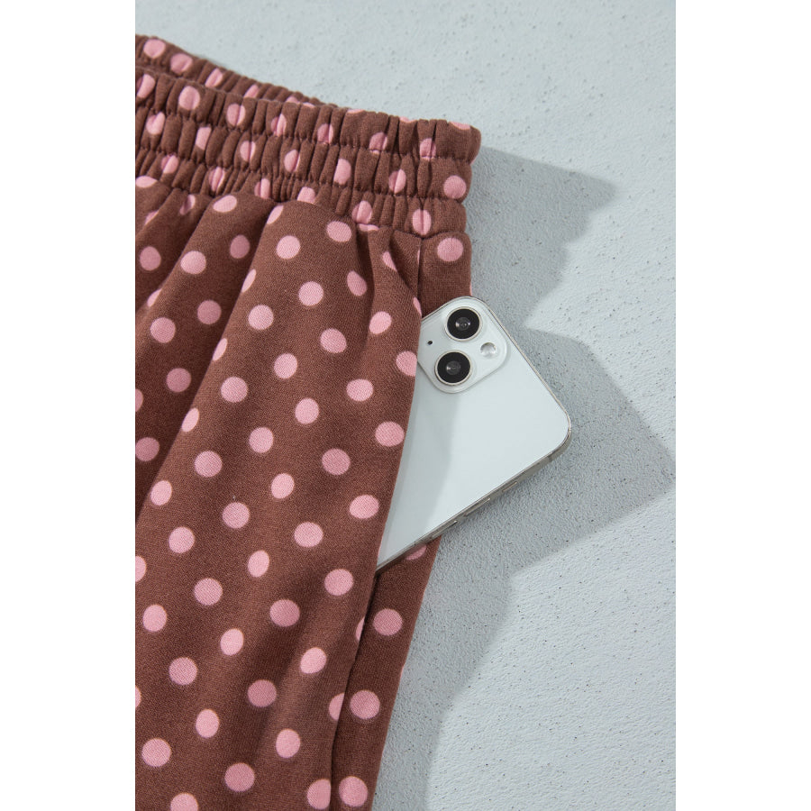 Brown Polka Dot Contrast Baggy Pullover and Elastic Waist Shorts 2pcs Set Two Piece Sets/Short Sets