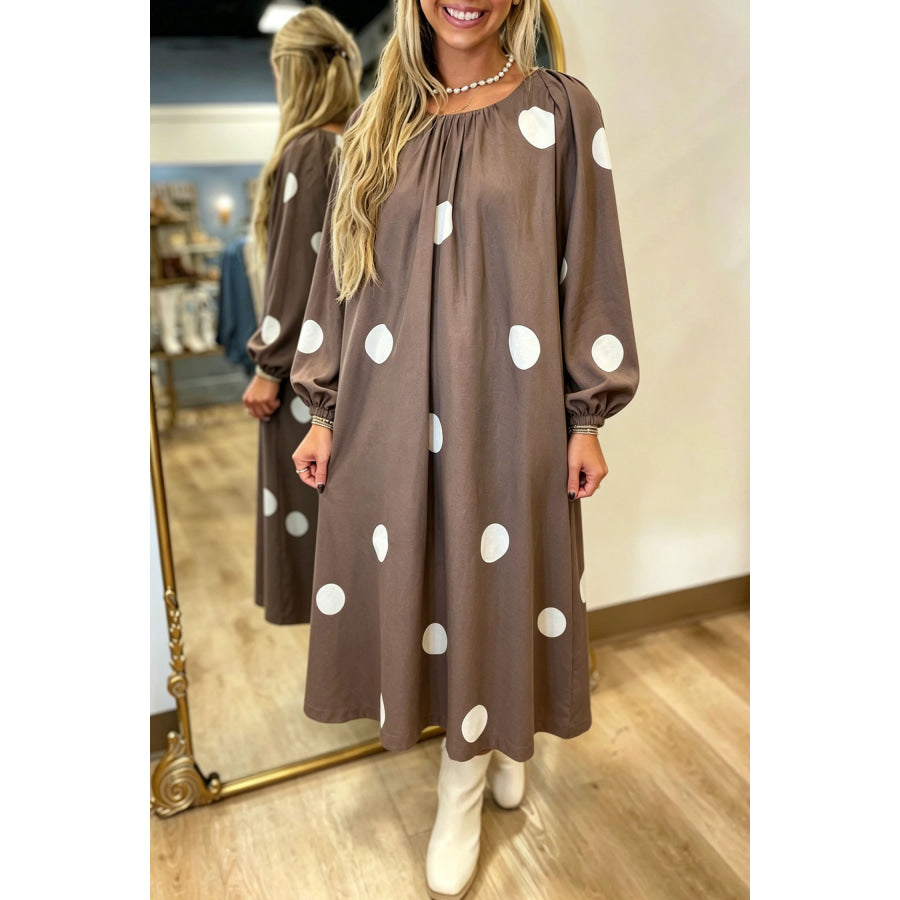 Brown Polka Dot Contrast Bow Knot Back Long Sleeve Midi Dress Dresses/Midi Dresses