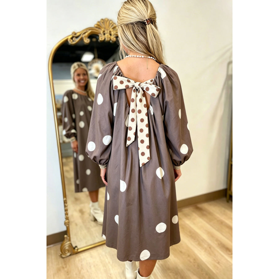 Brown Polka Dot Contrast Bow Knot Back Long Sleeve Midi Dress Dresses/Midi Dresses