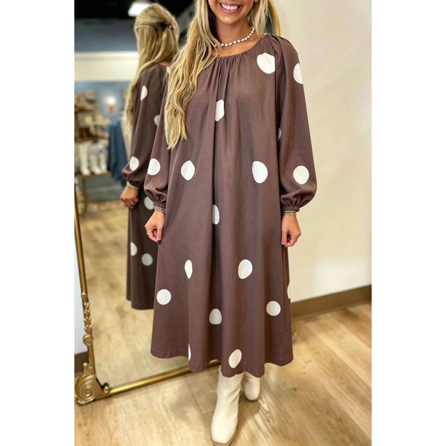 Brown Polka Dot Contrast Bow Knot Back Long Sleeve Midi Dress Dresses/Midi Dresses