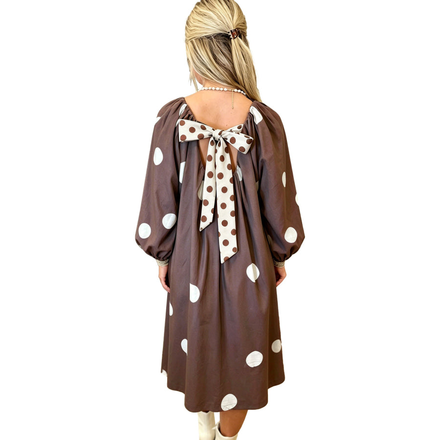 Brown Polka Dot Contrast Bow Knot Back Long Sleeve Midi Dress Dresses/Midi Dresses