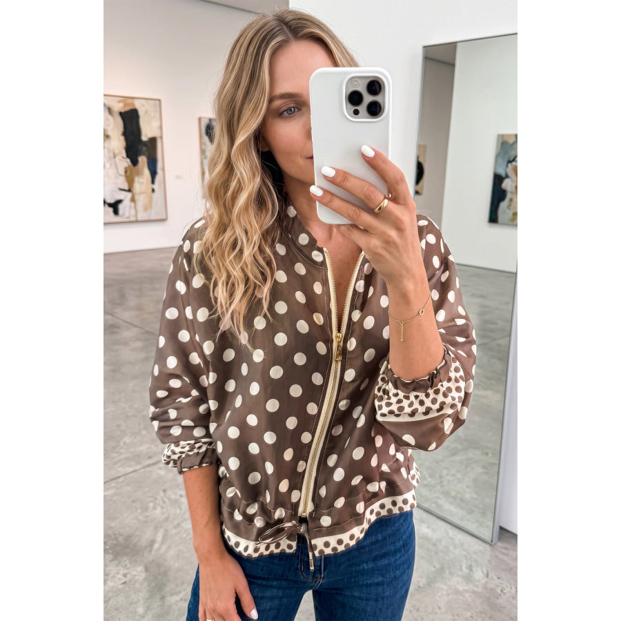 Brown Polka Dot Contrast Detail Zip-Up Long Sleeve Shacket Outerwear/Jackets