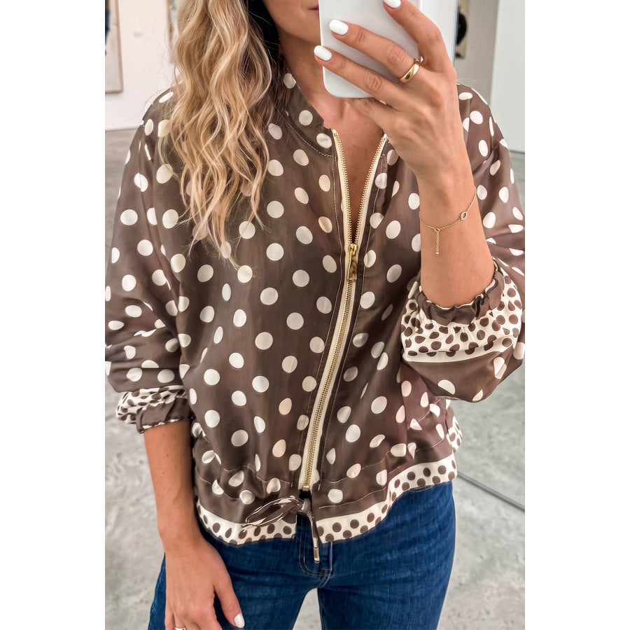 Brown Polka Dot Contrast Detail Zip-Up Long Sleeve Shacket Brown / S Outerwear/Jackets