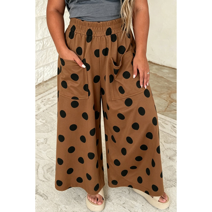 Brown Polka Dot Elastic Waist Wide Leg Plus Size Pants / 1X / 95% Polyester + 5% Elastane Size/Plus Bottoms