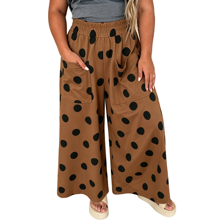 Brown Polka Dot Elastic Waist Wide Leg Plus Size Pants Size/Plus Bottoms