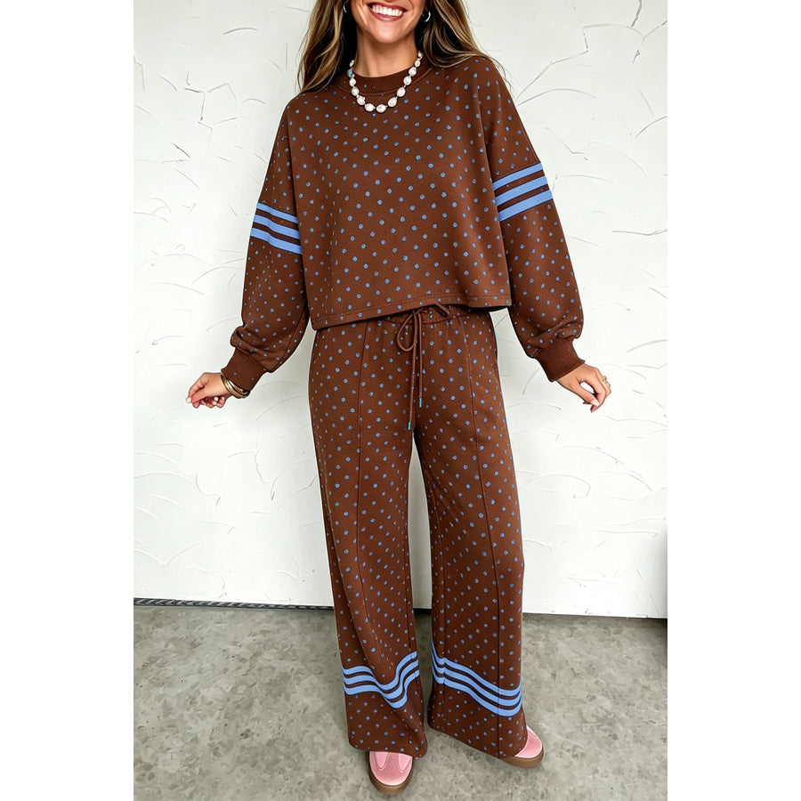 Brown Polka Dot Print Colorblock Stripes Detail Relaxed 2pcs Pant Set / S / 100% Polyester Two Piece Sets/Pant Sets