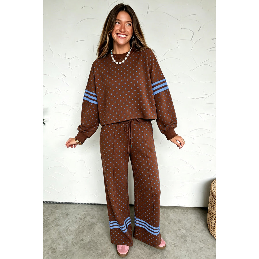 Brown Polka Dot Print Colorblock Stripes Detail Relaxed 2pcs Pant Set Two Piece Sets/Pant Sets
