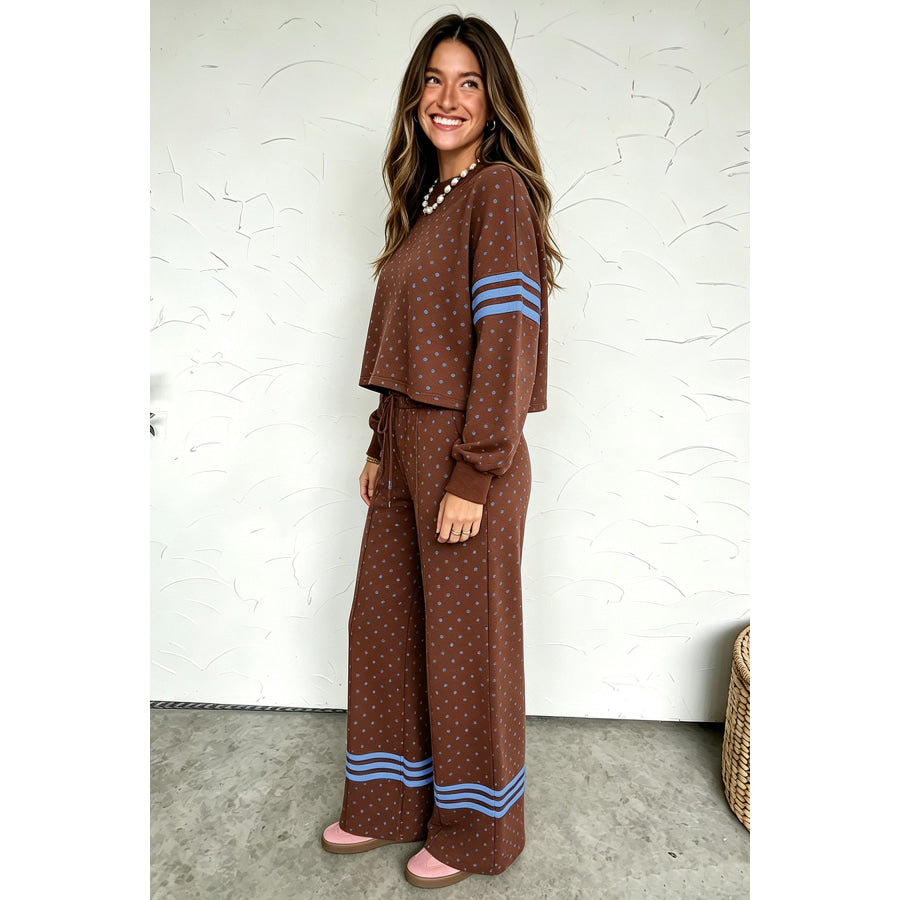 Brown Polka Dot Print Colorblock Stripes Detail Relaxed 2pcs Pant Set Two Piece Sets/Pant Sets