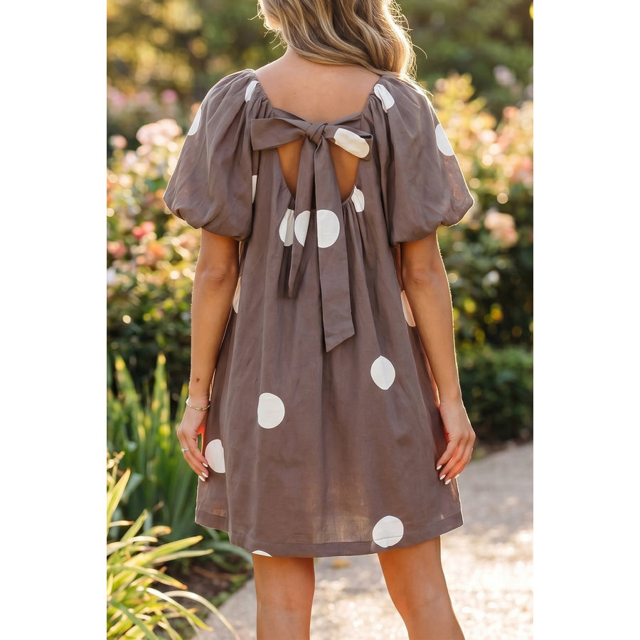 Brown Polka Dot Print Knot Back Short Puff Sleeve Loose Mini Dress Dresses/Midi Dresses